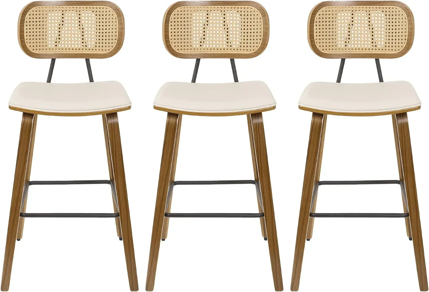 

Counter Height Bar Stools Set of 3 Mid Century Modern Counter Stools 26" Wood Kitchen Stool PU Leather Upholstered Barstool