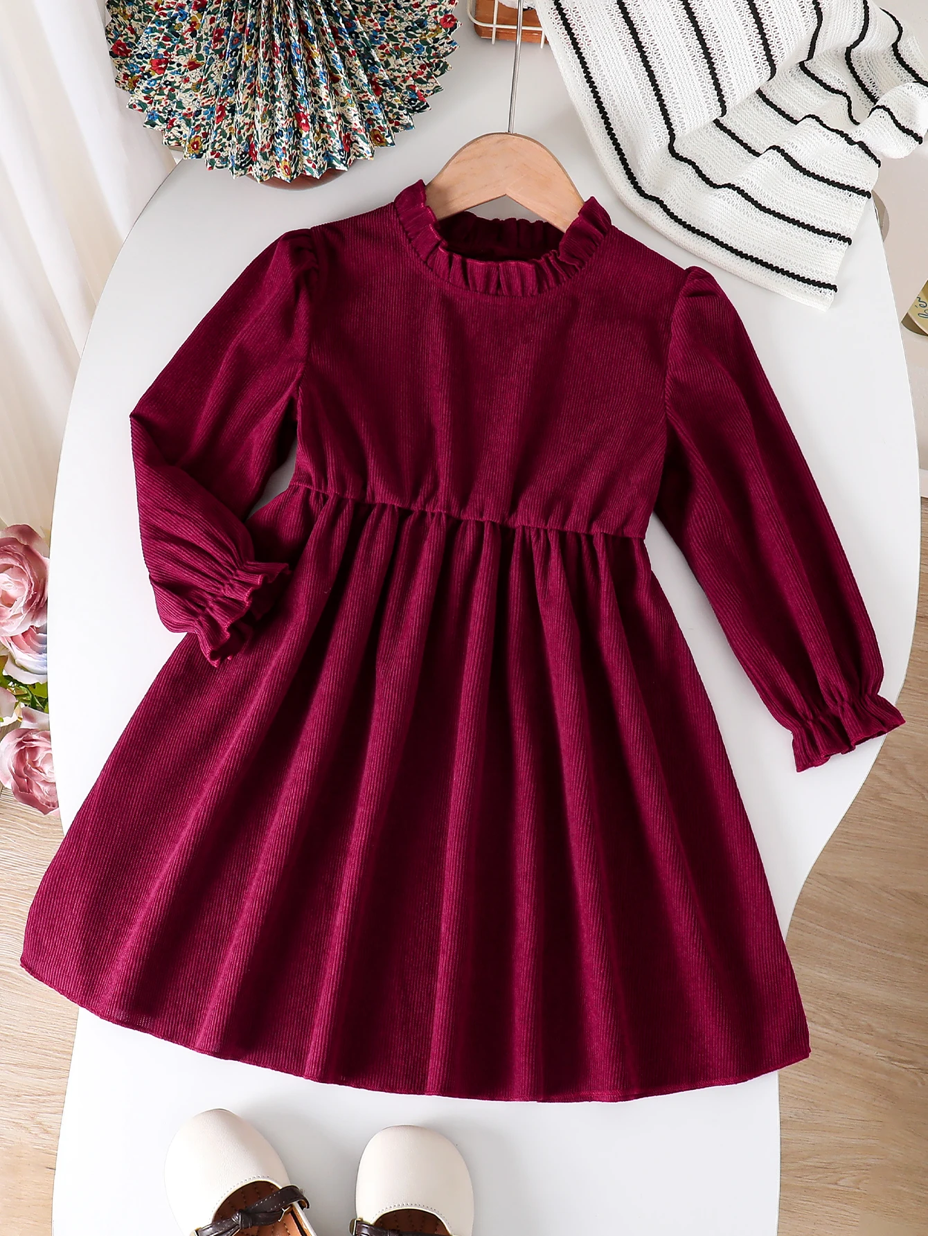 Girls Long Sleeve Corduroy Dress for 4-8Y, Ruffle Neck & Cuff Burgundy Ribbed Kids Fall Dress