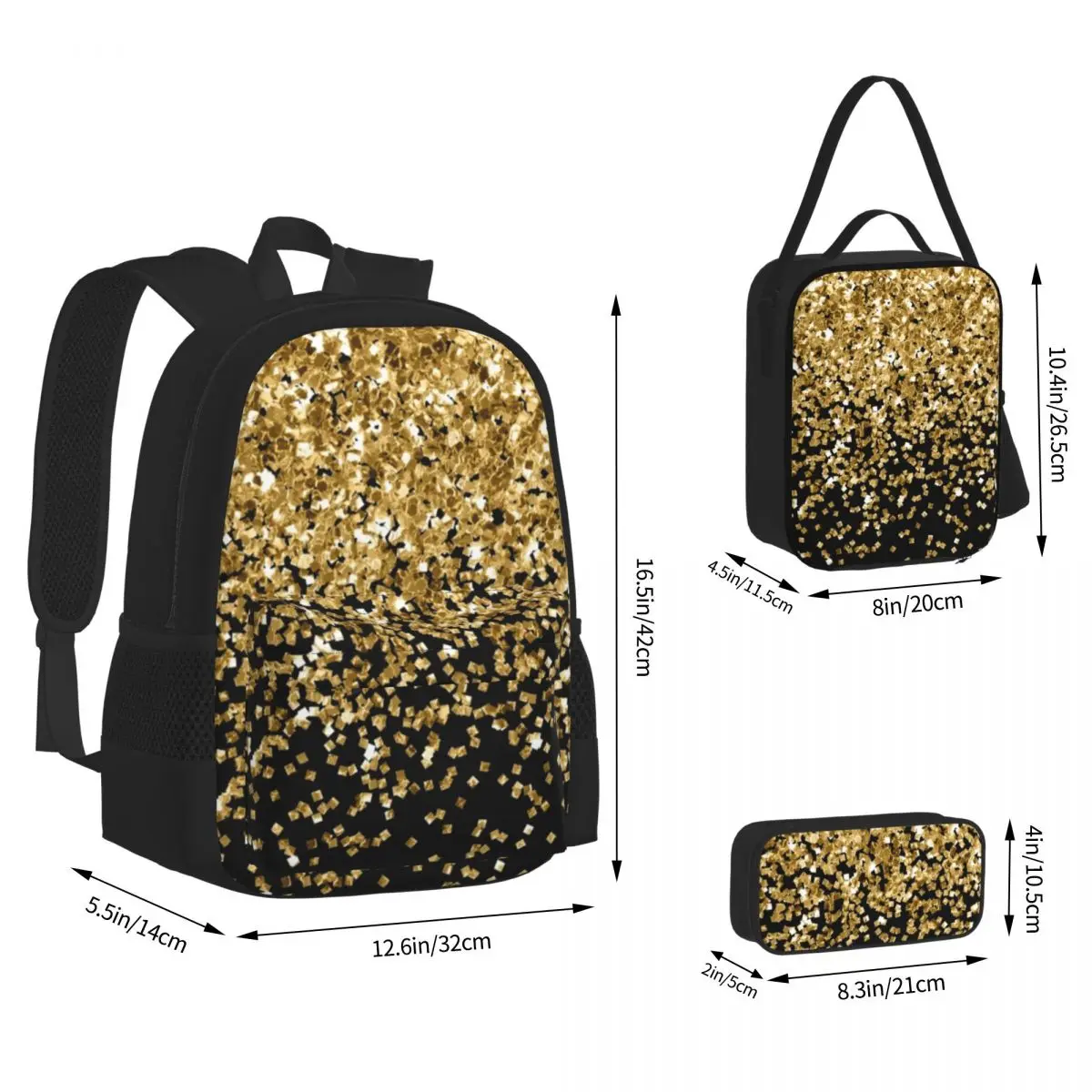 Black And Gold Glitter Pattern Backpacks Students Bookbag School Bags Rucksack Lunch Bag Pen Bag Three-Piece Set