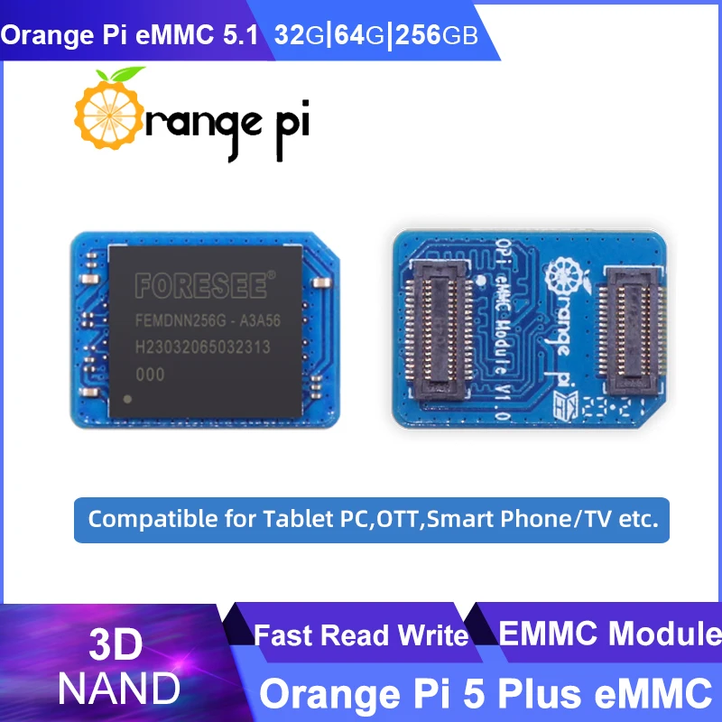 Pomarańczowy Pi 5 Plus 32GB / 64GB / 256 GB moduł EMMC 3D NAND szybkie prędkości odczytu i zapisu kompatybilny z tabletem PC OTT Smart Phone TV