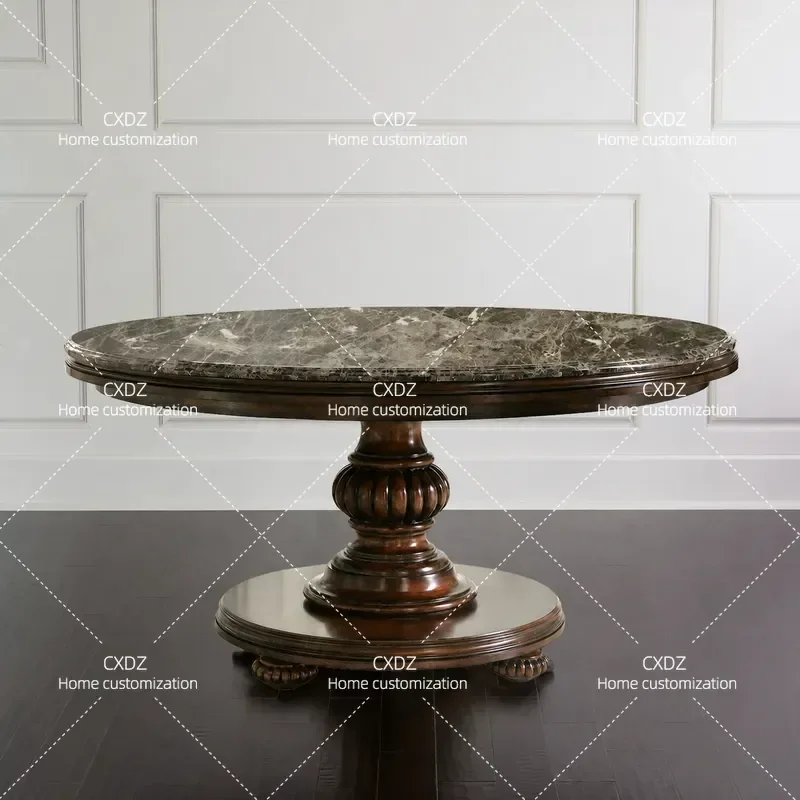 Retro Solid Wood Coffee Network Marble Round Dining Table with Turntable 130cm 150cm