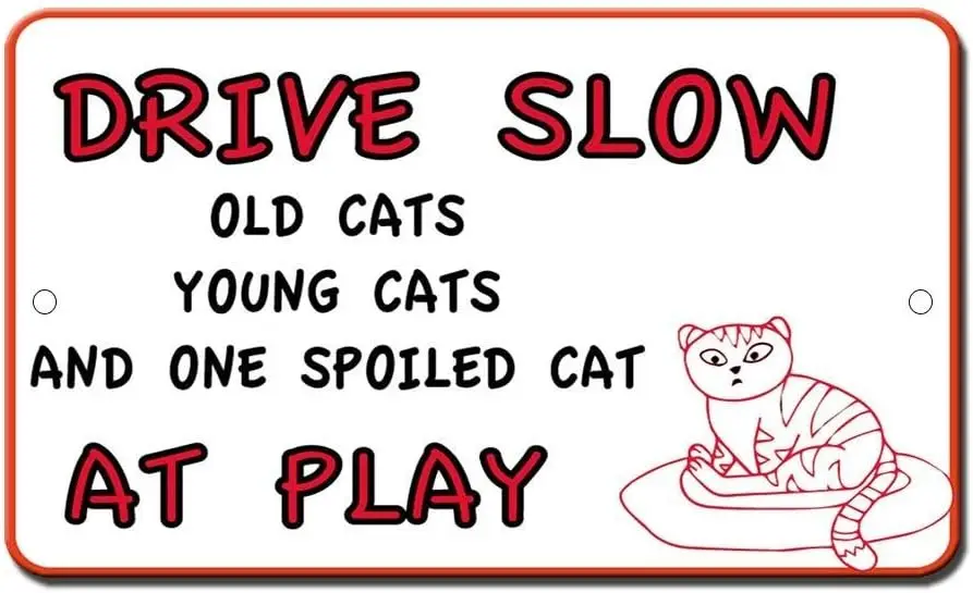 Slow Old Young Spoiled Cats at Play Novelty Funny Notice Sign for Indoor Outdoor Yard Street Signs Metal Sign Metal tin Sign 8x1