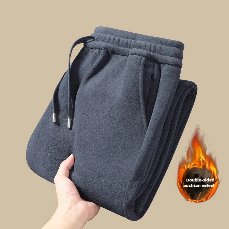 

New Double-sided Fleece Thickened Sweatpants for Men's Winter Warmth, Straight-leg Long Pants for Home Wear with Zipper Pockets