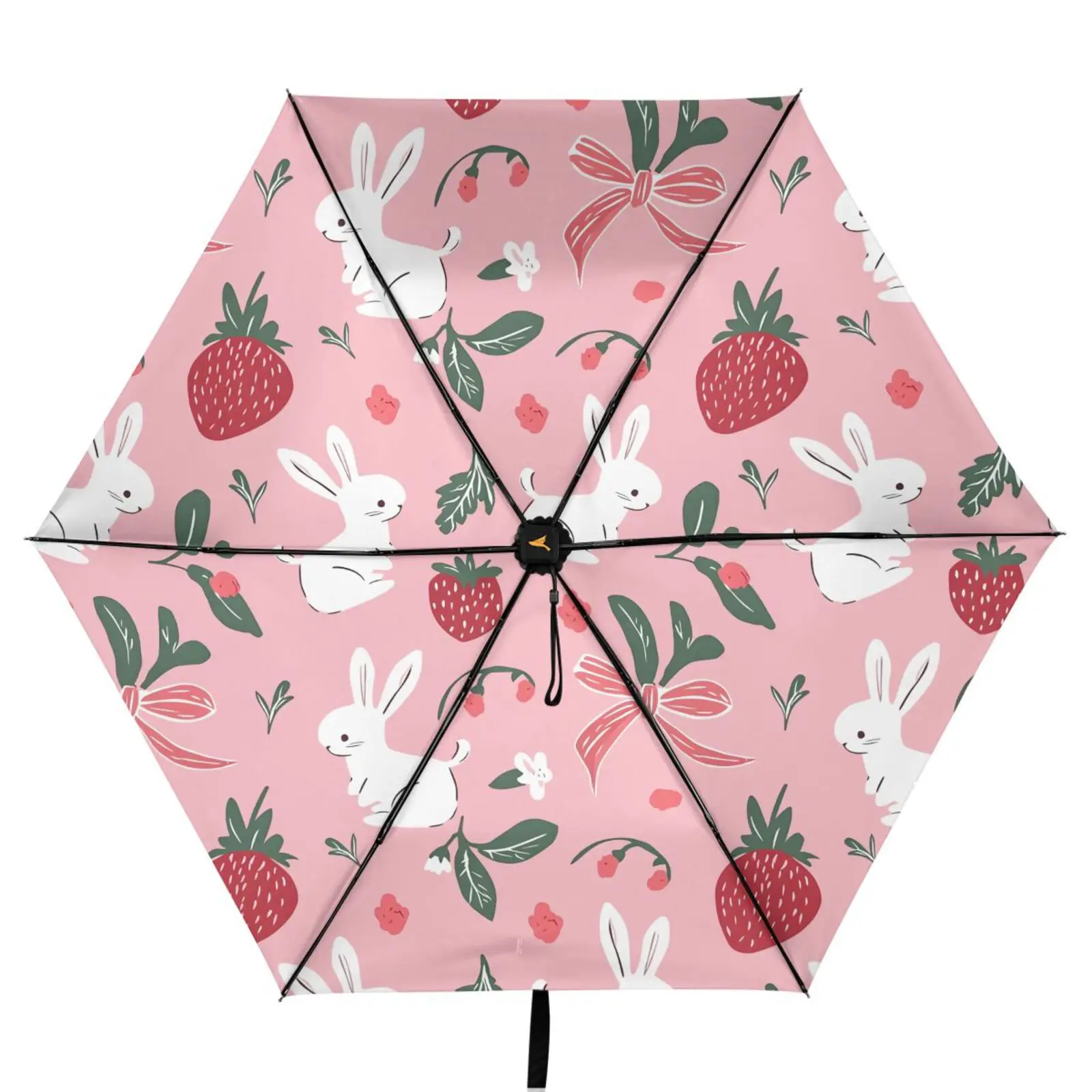 Three Folding Umbrella Parasol Women Anti-UV Sun Protection Umbrella Outside Black Coating 6 Ribs strawberry print
