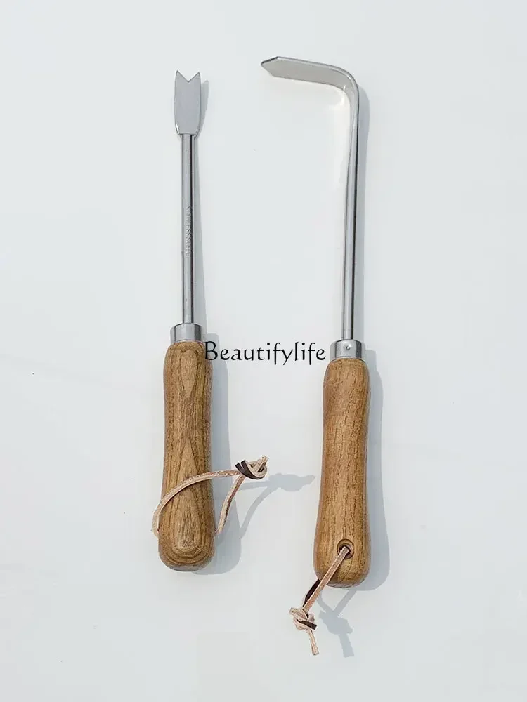 Household Potted Weeding and Loosening Tools Single Fork Hook Wooden Handle Stainless Steel Material