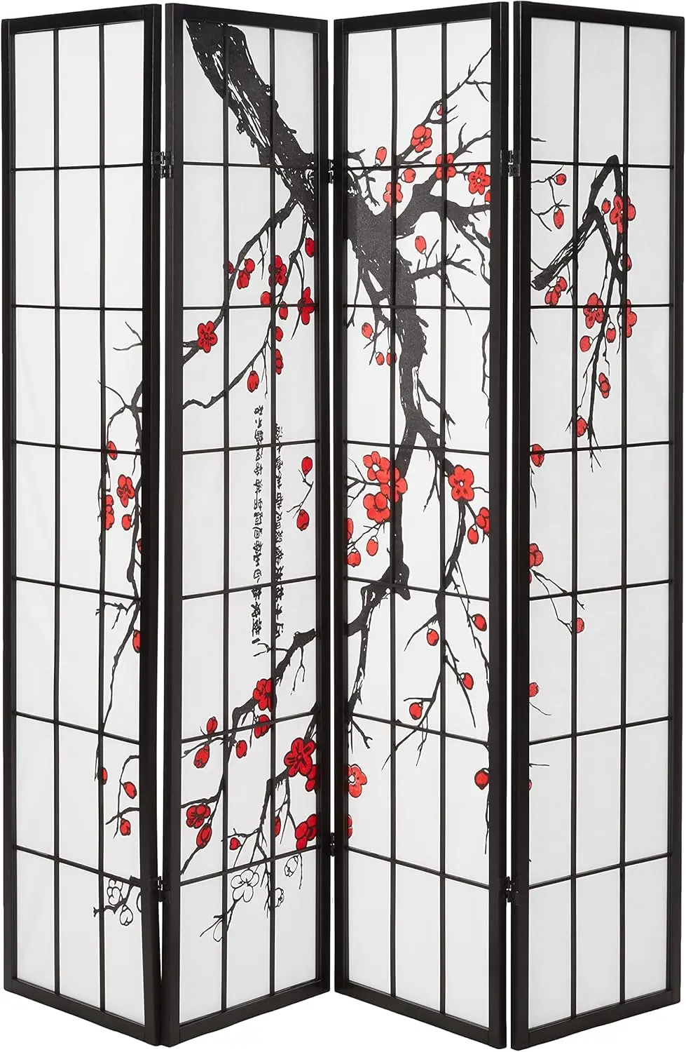 Black Japanese 4-Panel Screen Room Divider, Plum Blossom,Each panel approximately: 18