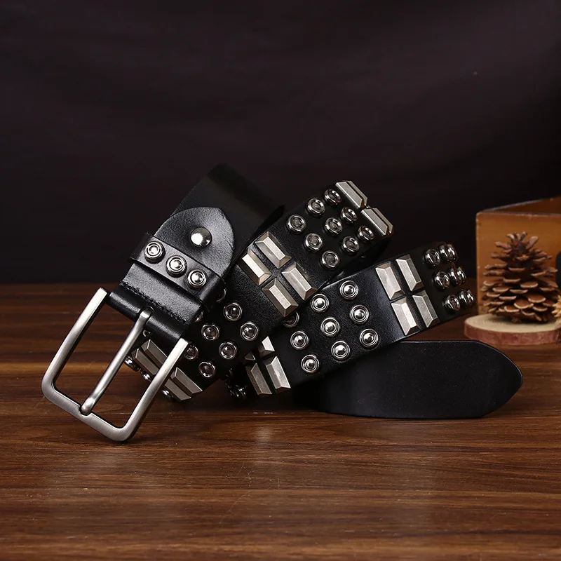 الطبقة العليا جلد البقر دبوس مشبك حزام فاسق نمط برشام الرجال حزام جلد طبيعي الهيب هوب دراجة نارية شخصية بناطيل كاجوال
