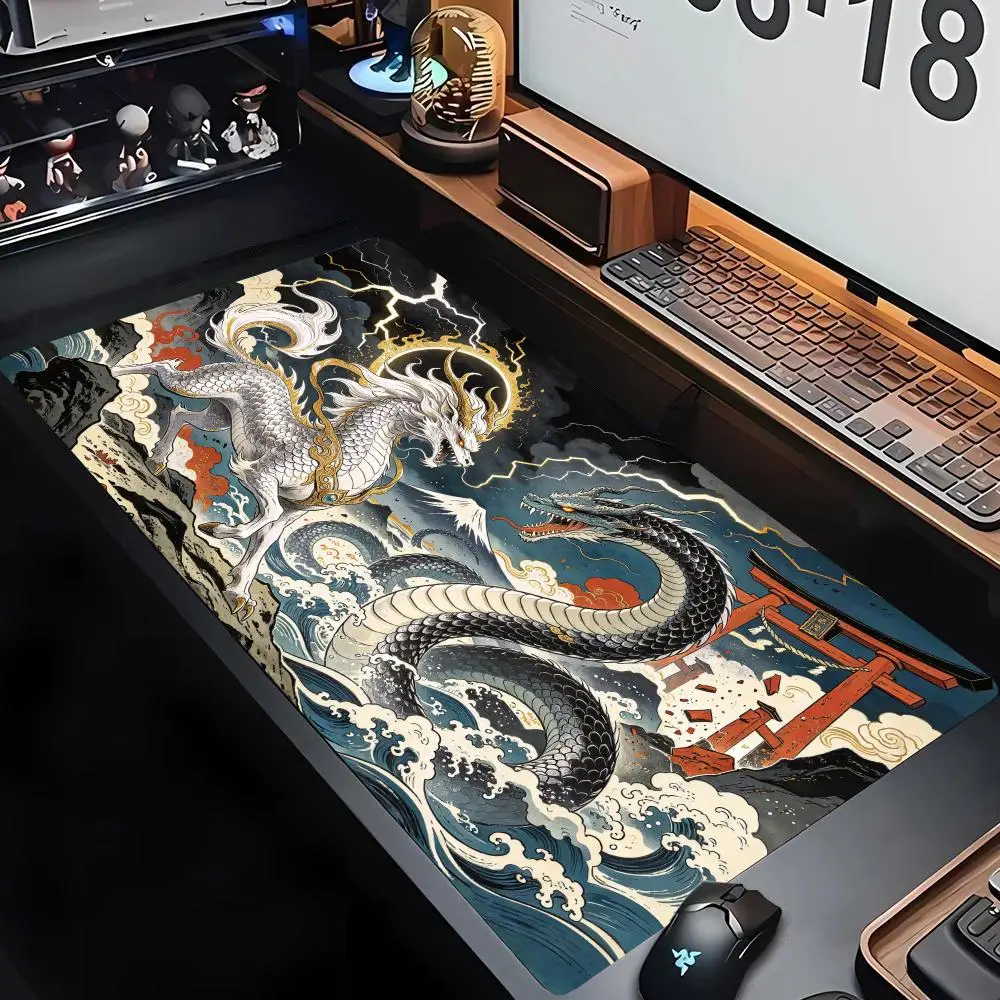 White Dragon Snake God Wave Torii Table Mat Smooth Cloth Thick Rubber For Study Home Desk Decor