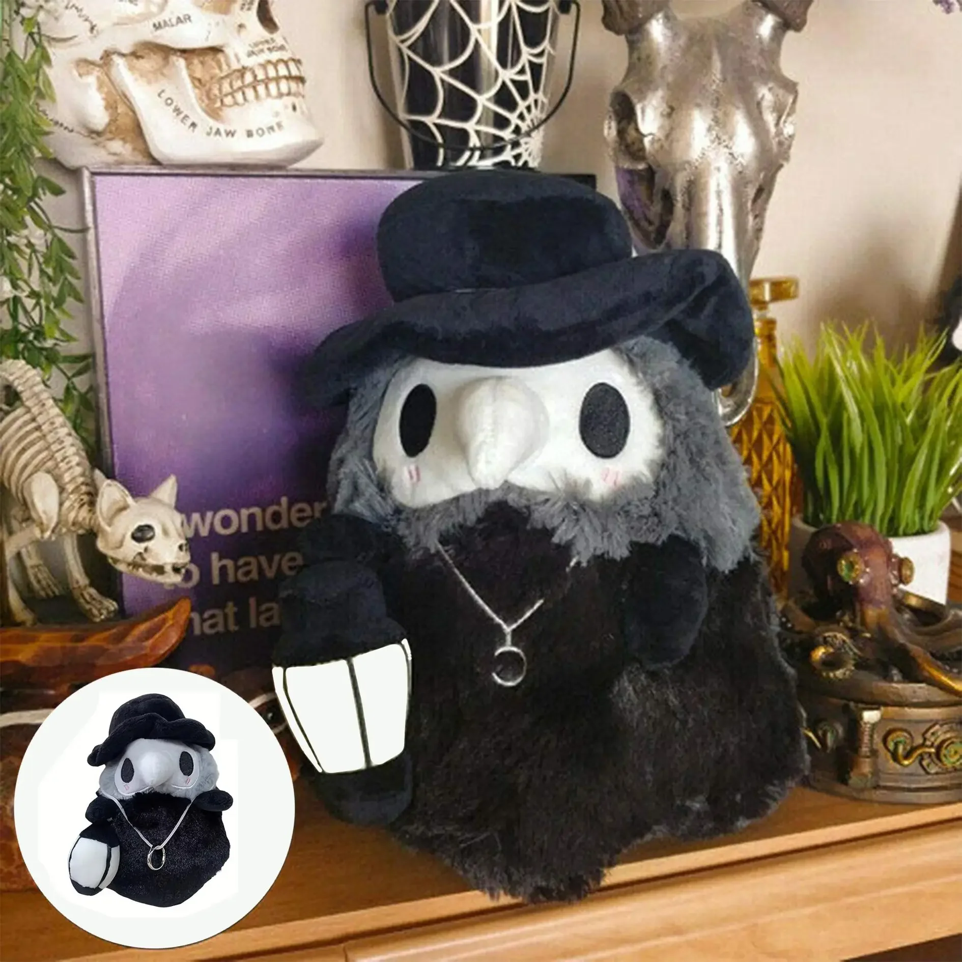 Gothic Plague Doctor Plush 20cm, Cuervo Peluche Doctor Peste Gótico with Lantern, Crow Beak Doll Halloween Decor Gift