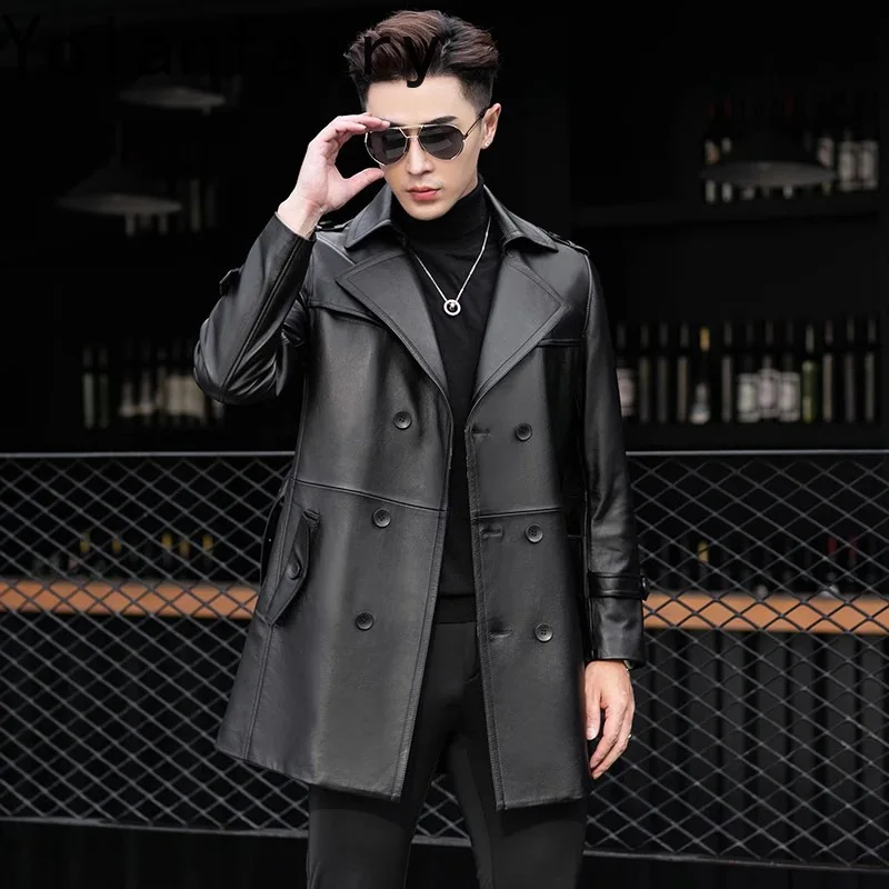 YOLANFAIRY Spring and Autumn Top Layer Cowhide Jacket for Man Mid-length Trench Leather Coat Suit Collar Men's Overcoat  jaqueta