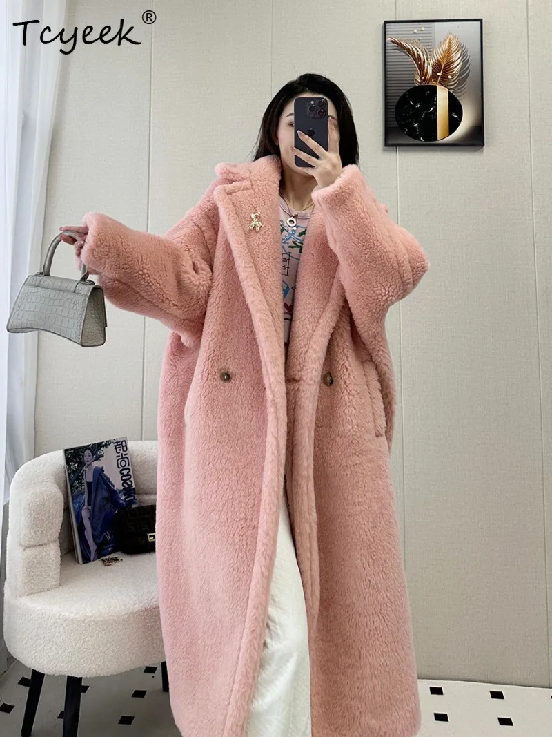 Tcyeek Cashmere Alpaca Wool Teddy Bear Women Coat Mid-Length Cocoon Wide Oversized Silhouette Jacket Thickened Winter Fur Clothe