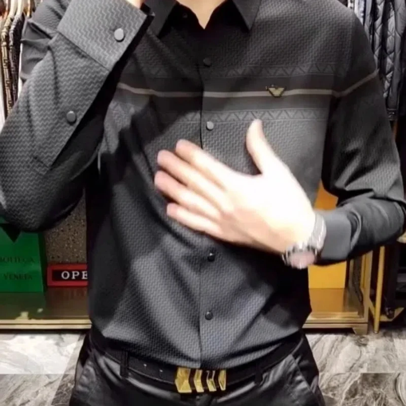 2024 Autumn New Men\'s Solid Color Shirt European Goods Fashion Light Luxury Business Casual No Trace Long Sleeve Simplicity Tops