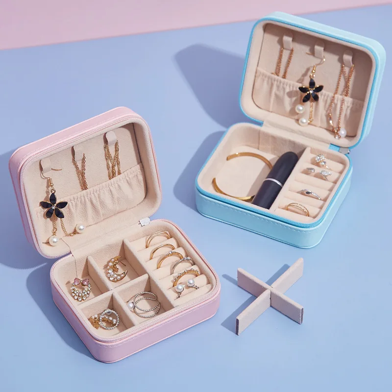 Mini Jewelry Organizer Display Travel Jewelry Zipper Case Boxes Earrings Necklace Ring Portable Jewelry Box PU Leather Storage