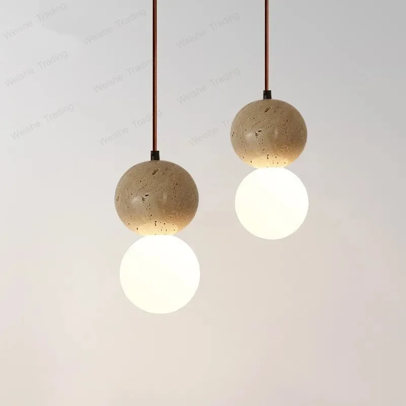 

Travertine Pendant Lamp Stone Suspension with Glass Ball Hanging Light for Bedroom Dining Room Chandelier