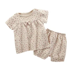 Trajes de verano para niñas, ropa de manga corta de muselina de algodón, camisa Floral, Top, pantalones cortos, trajes para niños, conjuntos de 2 piezas de 0 a 5T