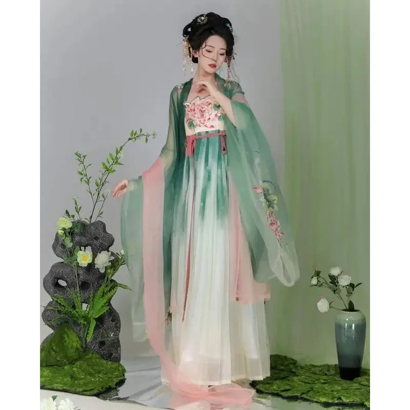 الجديد الأصلي Hanfu الإناث التطريز قميص كبير الأكمام تانغ نمط الصدر تنورة أنيقة الجنية الرجعية Hanfu البدلة