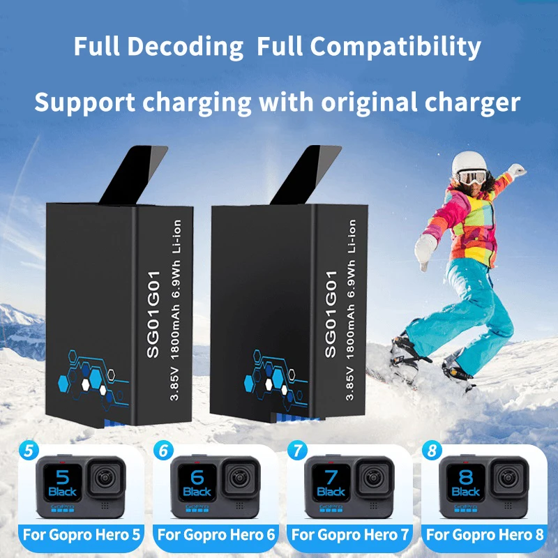 GoPro 8/7/6/5 battery, 1800mAh GoPro batteries For GoPro Hero 8/7/6/5 black camera accessories, fully compatible with GoPro Hero original battery