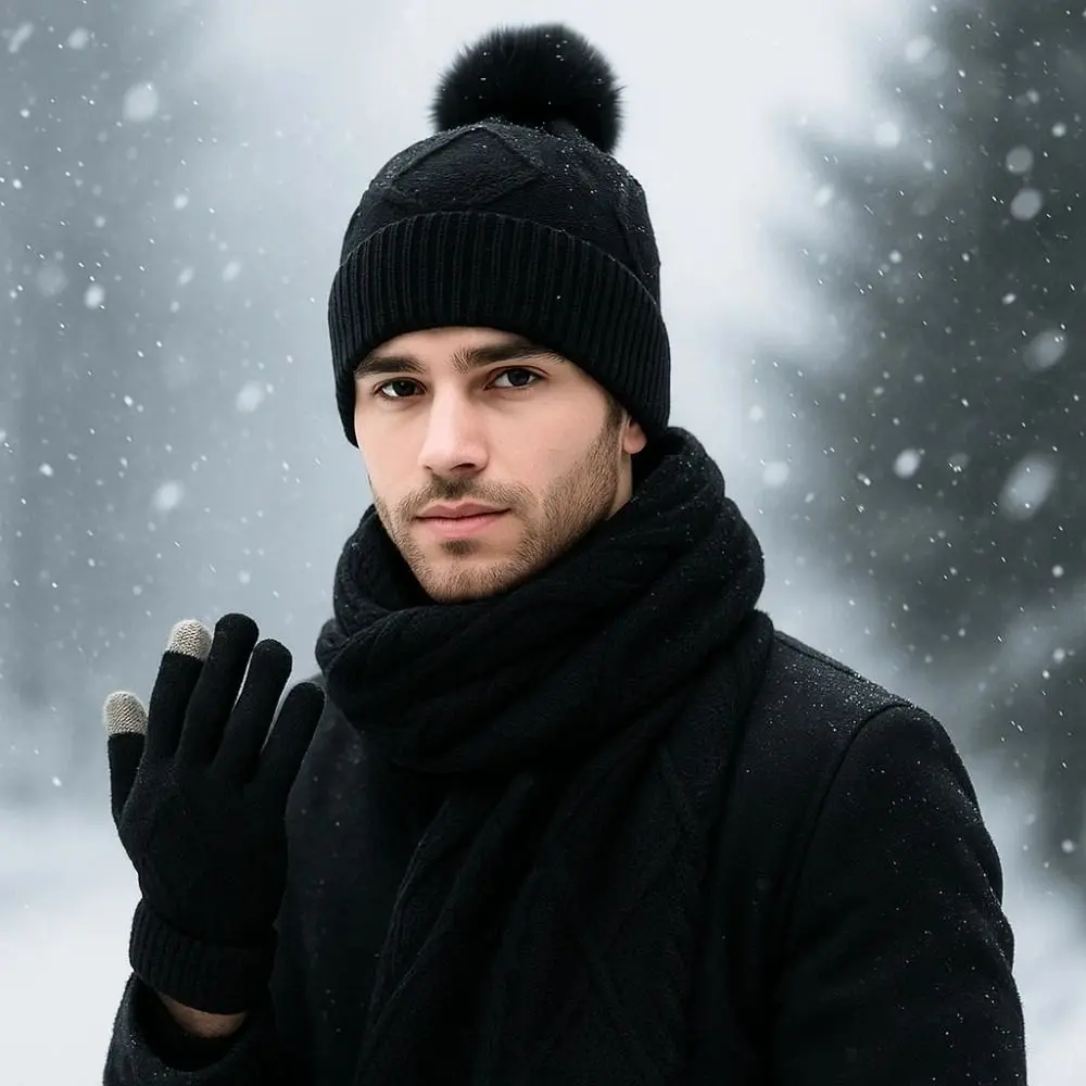 Berretti Berretto Sciarpa elastica e set di cappelli Touch screen caldo Cappello di lana Guanti morbidi e ispessiti a prova di freddo da esterno