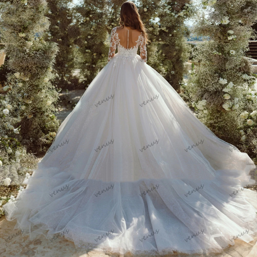 Glitter Wedding Dresses A-Line Tulle Tiered Bridal Gowns Lace Appliques Full Sleeves Robe For Bride Vestidos De Novia Customized image 2