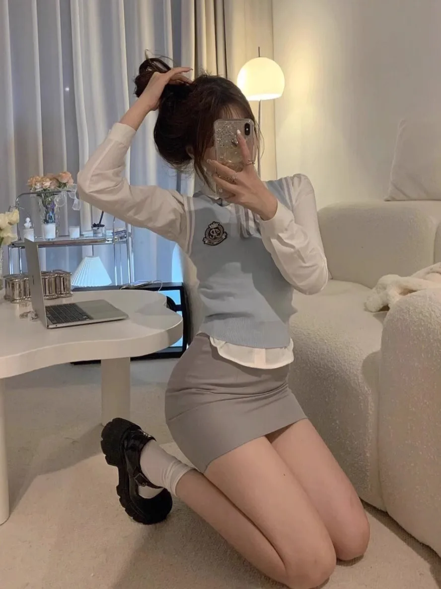 Корейский Sle College orm Jk Outfit Вязаный жилет Юбка Футболка Комплект Age Reversing Весна Осень New Faion Женский ансамбль...