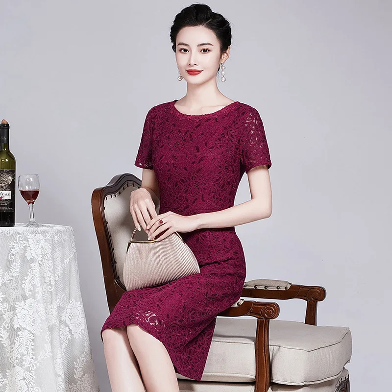 Yourqipao 2023 Summer Burgundy Lace Dress Slim Waist Elegant Banquet Party Qipao Chinese Evening Wedding Dress for Mother Women