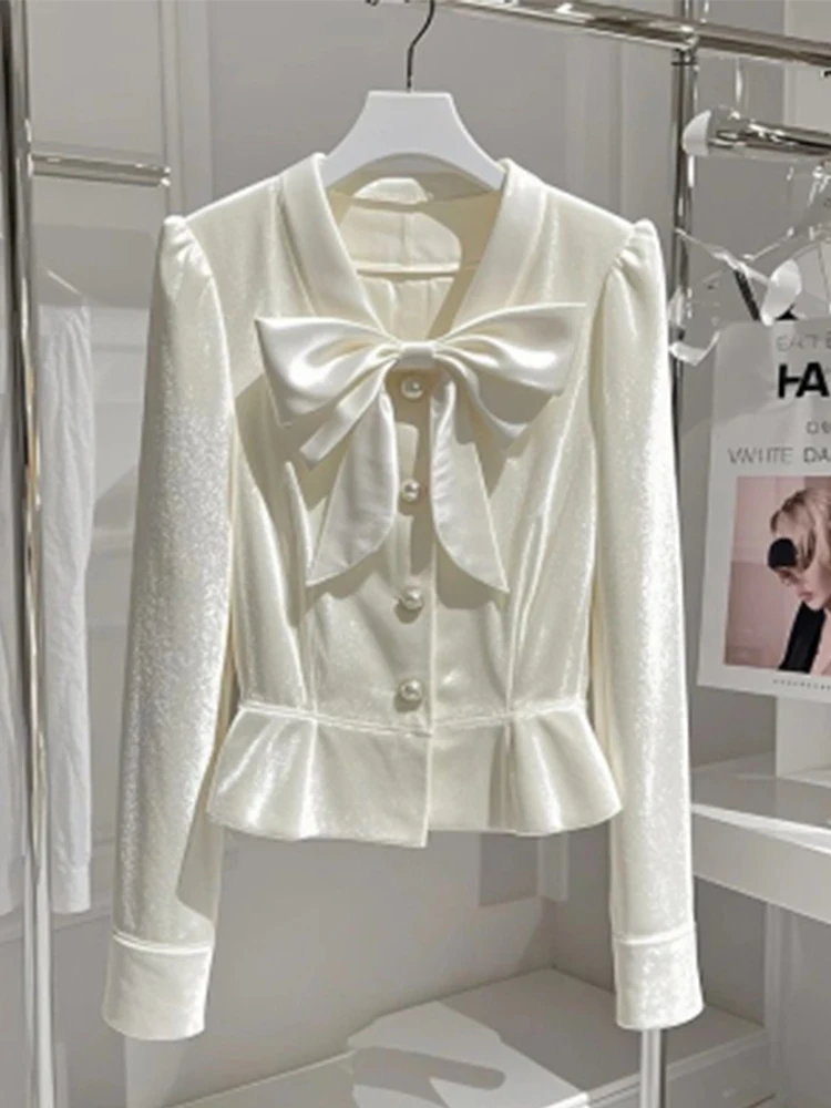 Good quality,New,Spring,European,Clothes,Blouse,Women,Fashion,Sexy,V-neck,Button,Bowknot,Cardigan,Velvet,Tops,Long Sleeve,58023