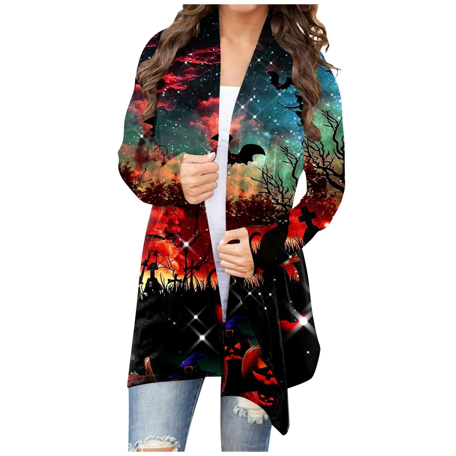 

Women's Coat Spring Autumn style Casual coat Fashion Floral Halloween Print Medium Length Cardigan Jacket Coat