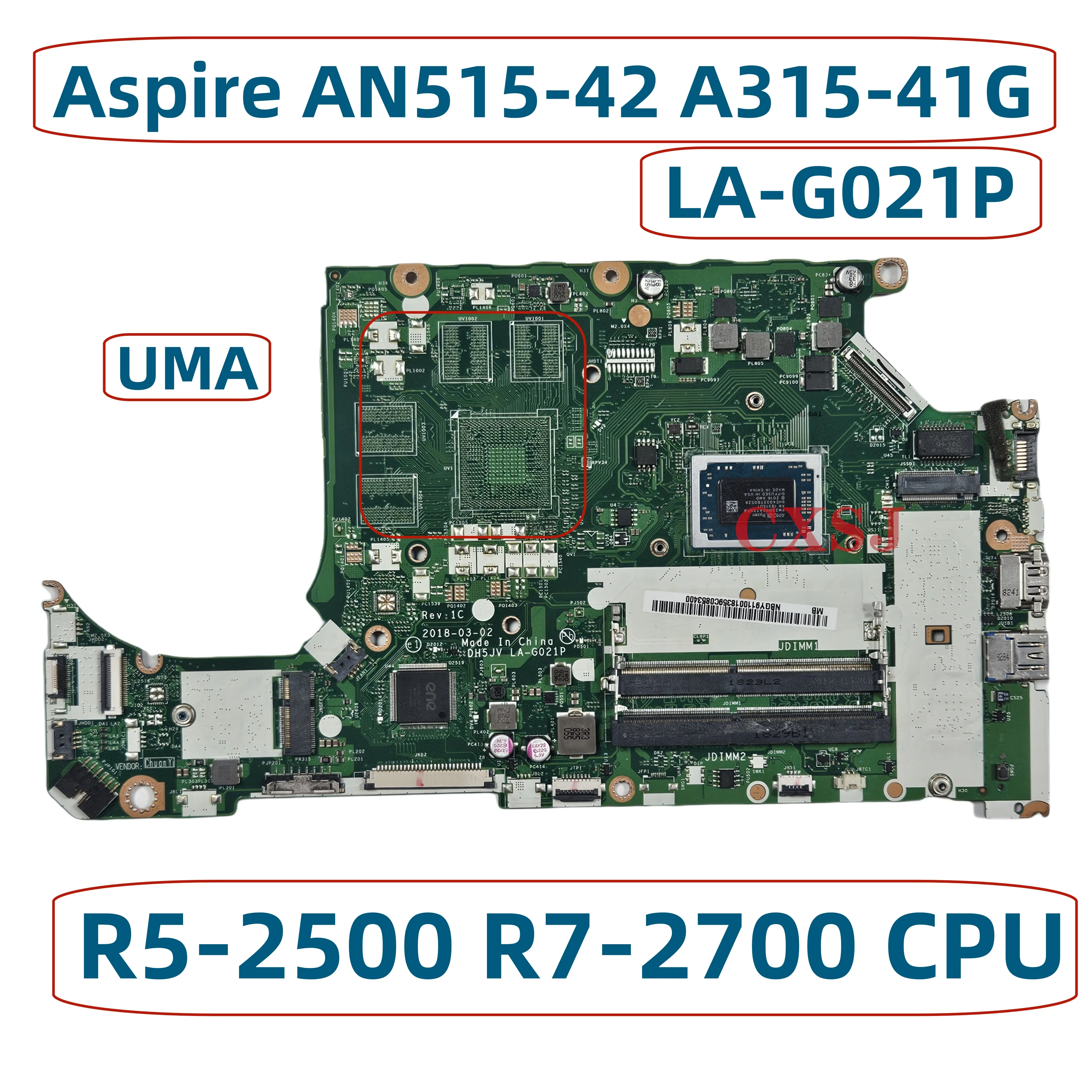 DH5JV LA-G021P For Acer Aspire A515-42G A315-41 A315-41G Laptop motherboard NBGYB11001 With R5 R7 CPU Radeon 530 Graphics/UMA