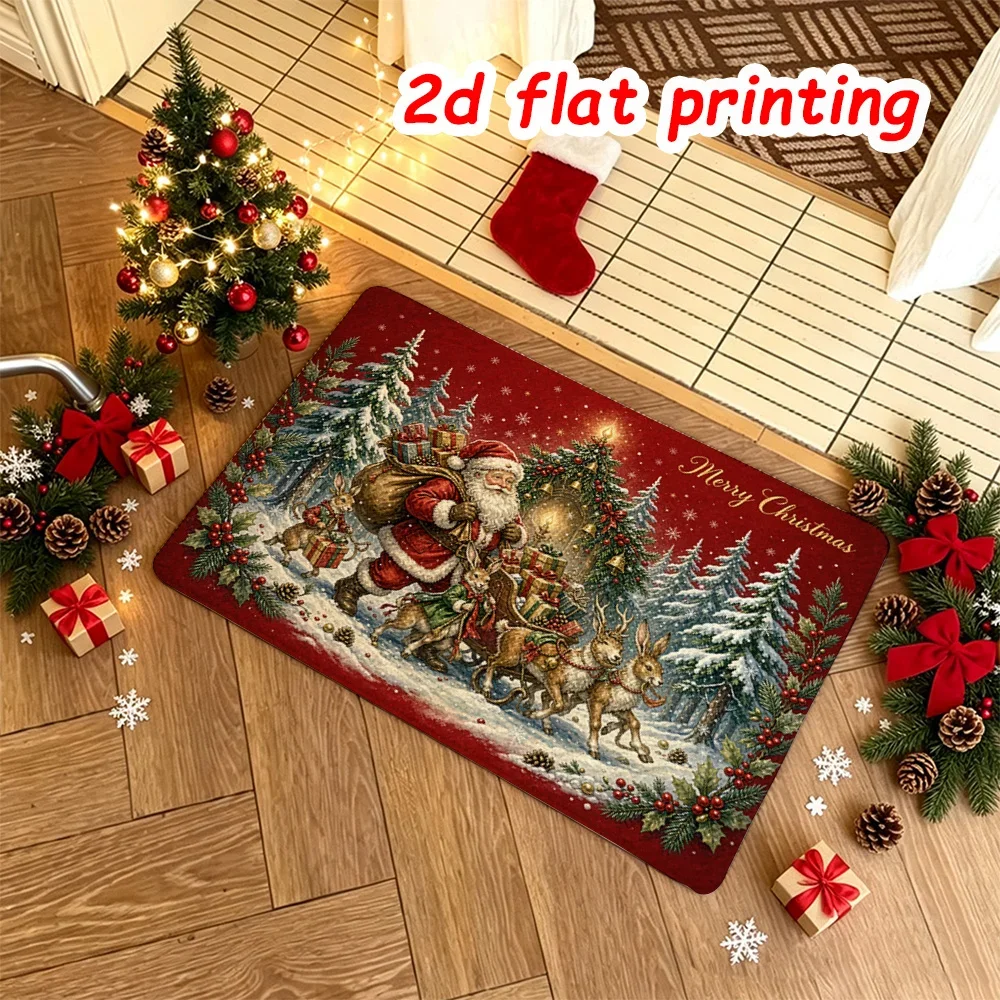 Wonderful Time Floor Mat Christmas Reindeer Sleigh Welcome Rug Gold Snowflake Pattern Doormat Red Holiday Room Area Rug
