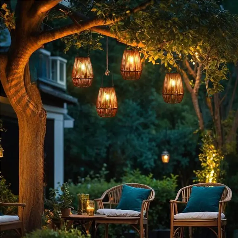 HOT-4X Solar Lantern Solar Wicker Lanterns Outdoor Boho Lights For Outside Hanging Rattan Lights Patio Lanterns Decor