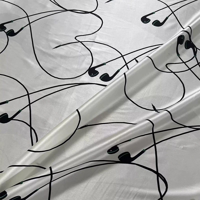 

1 meter 95% Mulberry Silk 5% Spandex 20 momme Charmeuse Silk Fabric White Earphones Printed 140cm 55" wide by the yard XX430