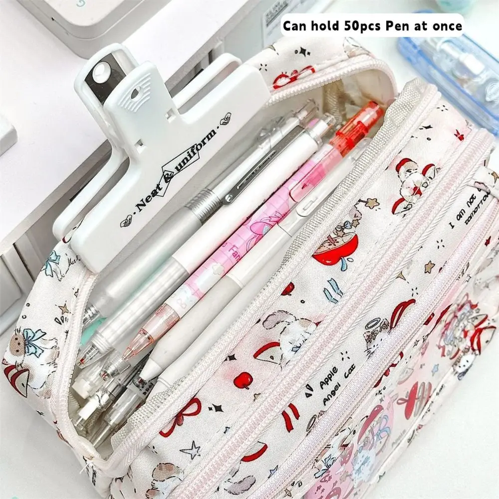 Durable Flip Design Pen Bag Multilayer Large Capacity Pencil Case Red Kitten Pattern Multifunctional Stationery Storing Bag Gift