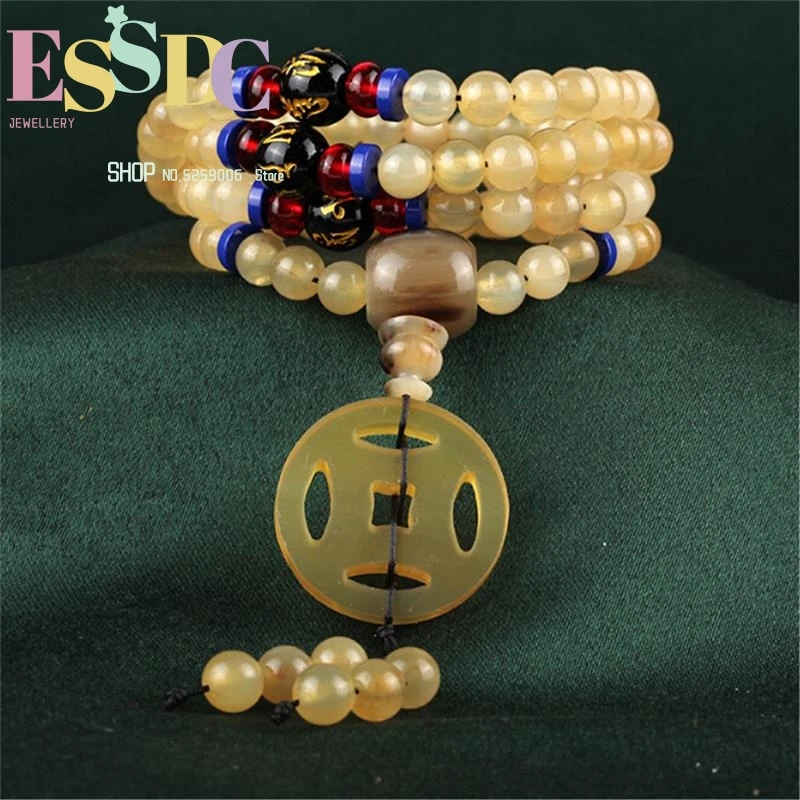 

New Design Natural Tibetan Sheep Horn Beads Strand Bracelets Buddhist 108 Mala for Prayer Mediation Women Men Jewelry Wholesale