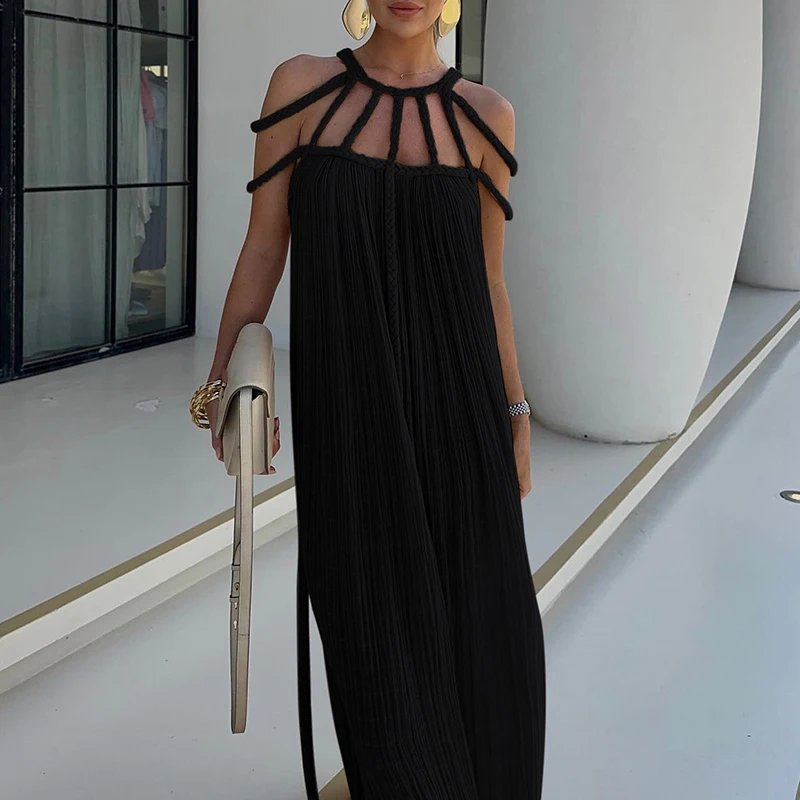 Fashion Versatile Dress Elegant Solid Color Hollow Suspender Dress Women Off-Shoulder Pullover Temperament Long Dress Vestidos