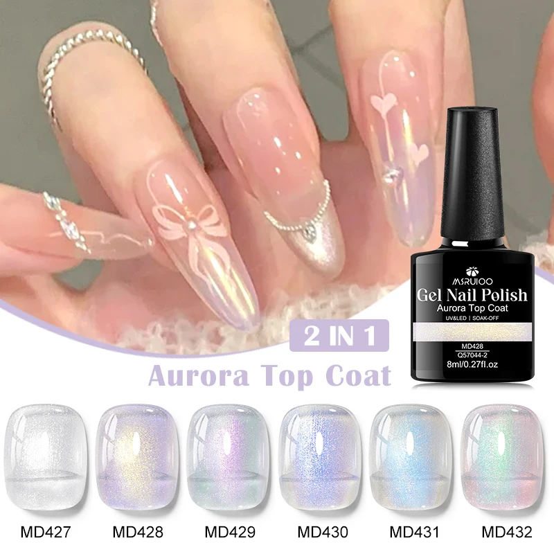 MSRUIOO 8ml 2 In 1 Aurora Top Coat Glitter Sequins Nail Gel Semi Permanent Soak Off UV Gel LED Nail Art Varnish Manicure Design