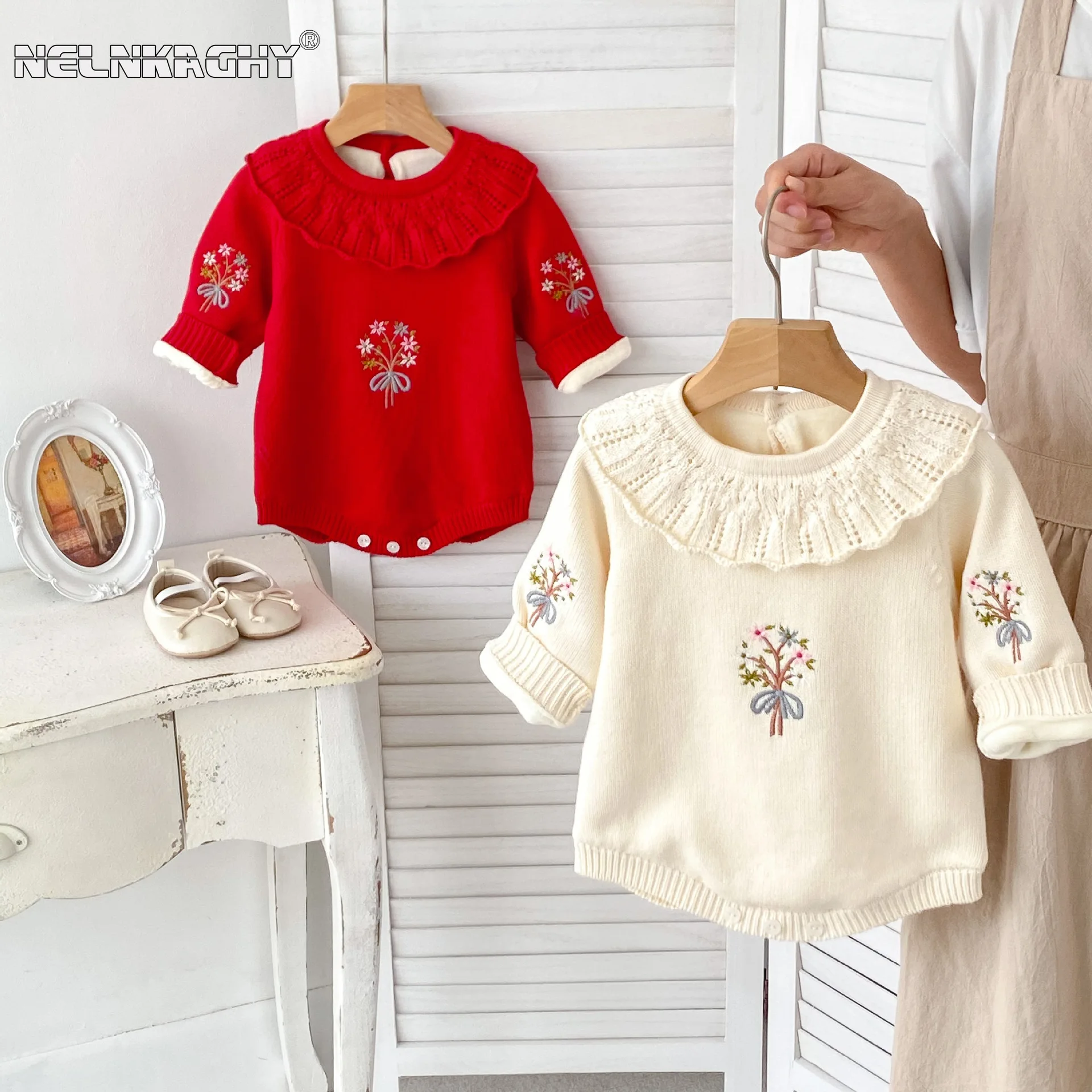 2023 Spring Kids Baby Girls Cute Bodysuits - Infant Knitted Embroidery Flower Ruffles One-pieces , Newborn Toddler Jumpsuits