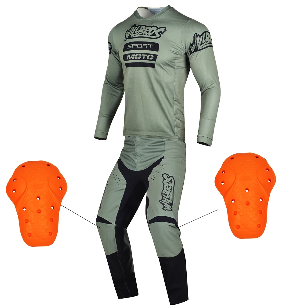 Willbros Army Green MX Jersey Pants Combo Motocross Dirt Bike Racing Offroad Enduro Racewear with Removable Knee Protector Pads