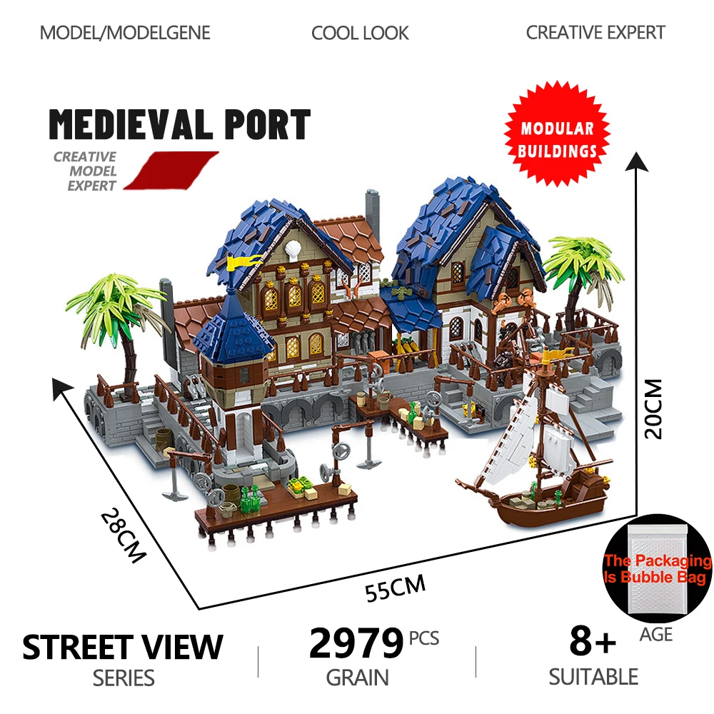 Street View Medieval Harbor Building Blocks Medieval Architecture House Assembly Model City Bricks With Lights Toys For Kid Gift