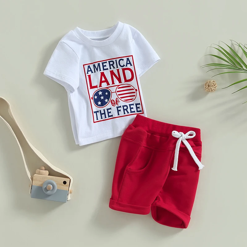 4th of July Infant Outfit American Flag Romper Stars and Stripes Sunglasses Letter Print Tee and Shorts Set 2 Pieces