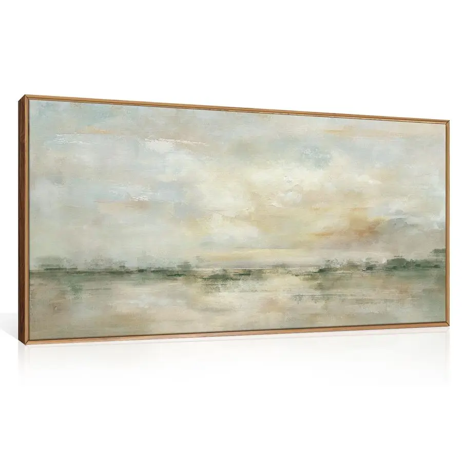 

Large Abstract Green Gray Pastel Framed Canvas Wall Art,Neutral Landscape Wall Decor,Modern Watercolor Lake Artwork,Beige Textur