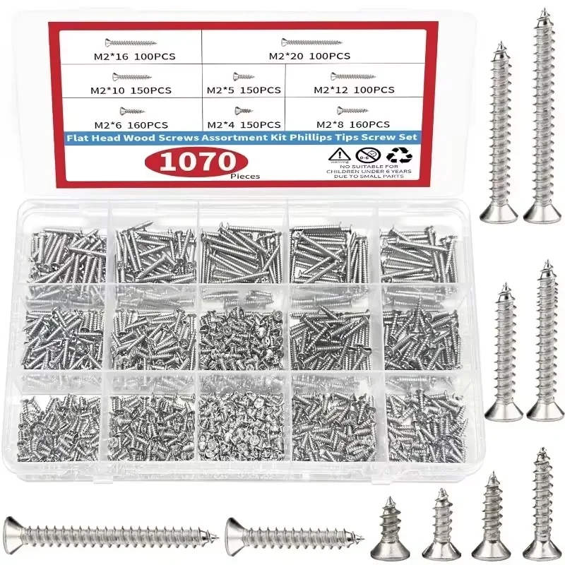 1070Pcs Flat Head Self Tapping Screws Set Stainless Steels Screw Kit M2 X 4/5/6/8/10/12/16/20 for Woodworking Tools Nail Screw