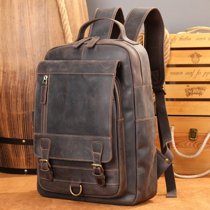 

Top-layer cowhide business commuter laptop backpack, large-capacity European and American vintage backpack, cross-border crazy h