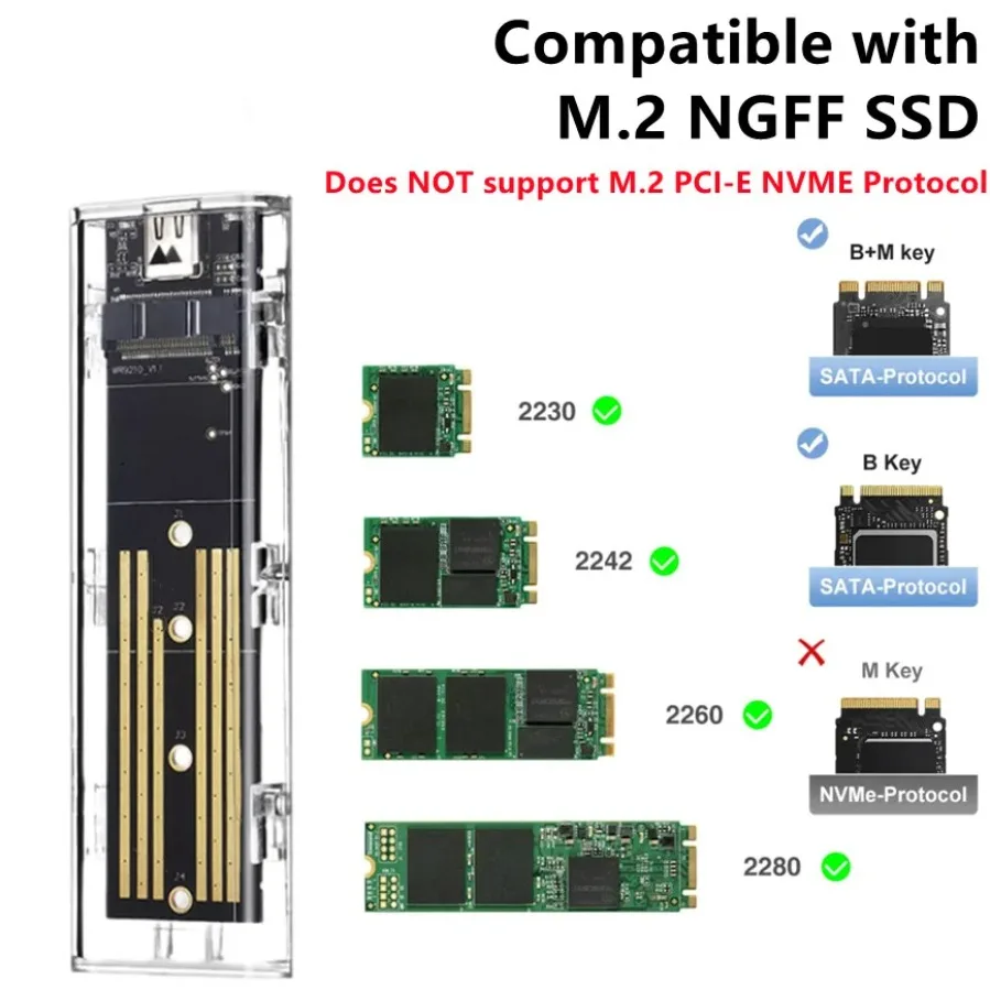 M.2 High-Speed Hard Drive Box NGFF SATA SSD Protocol Type-C/USB Transparent External Enclosure Hard Disk Adapter B/(B+M) Key