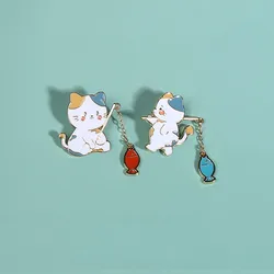 Cute cat metal enamel brooch, cartoon cat fishing badge, cute and sweet couple, girlfriend, pins, clothing bags, jewelry gifts