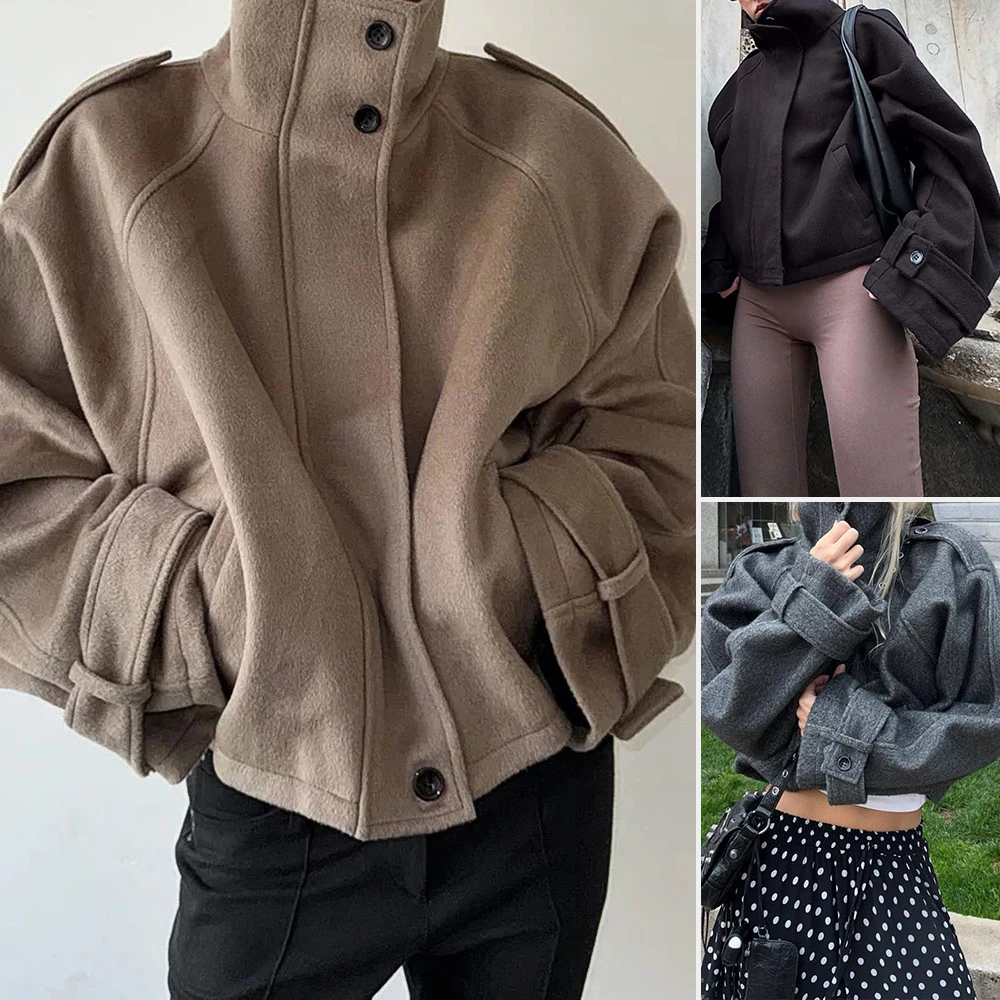 

Casual Loose Woolen Jacket With Zipper Stand Collar For Women Autumn New Style European And American Fashion