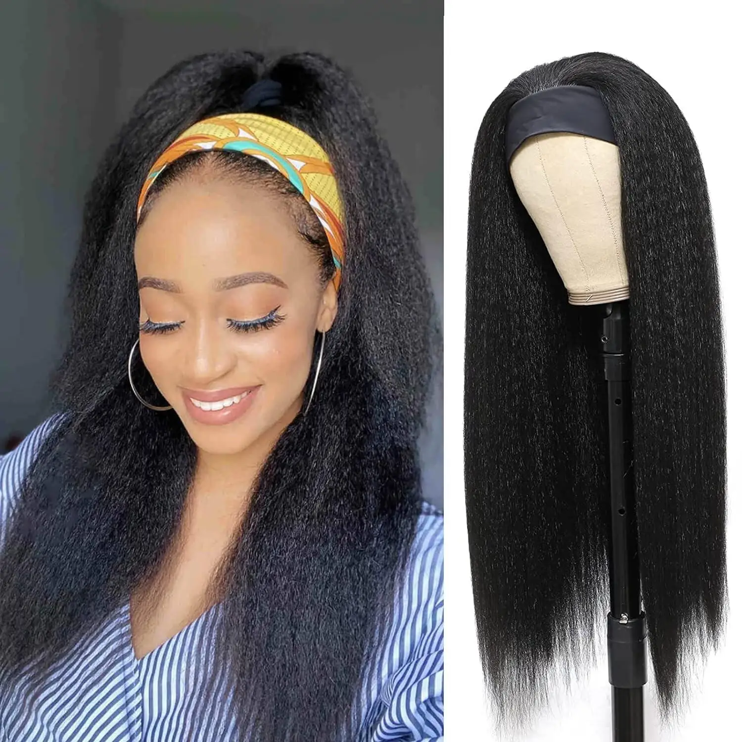 Malaysia Kinky Straight Hair Headband Wigs For Women 10-30 Inch Glueless Yaki Straight Human Hair Headband Wigs Easy To Wear 180