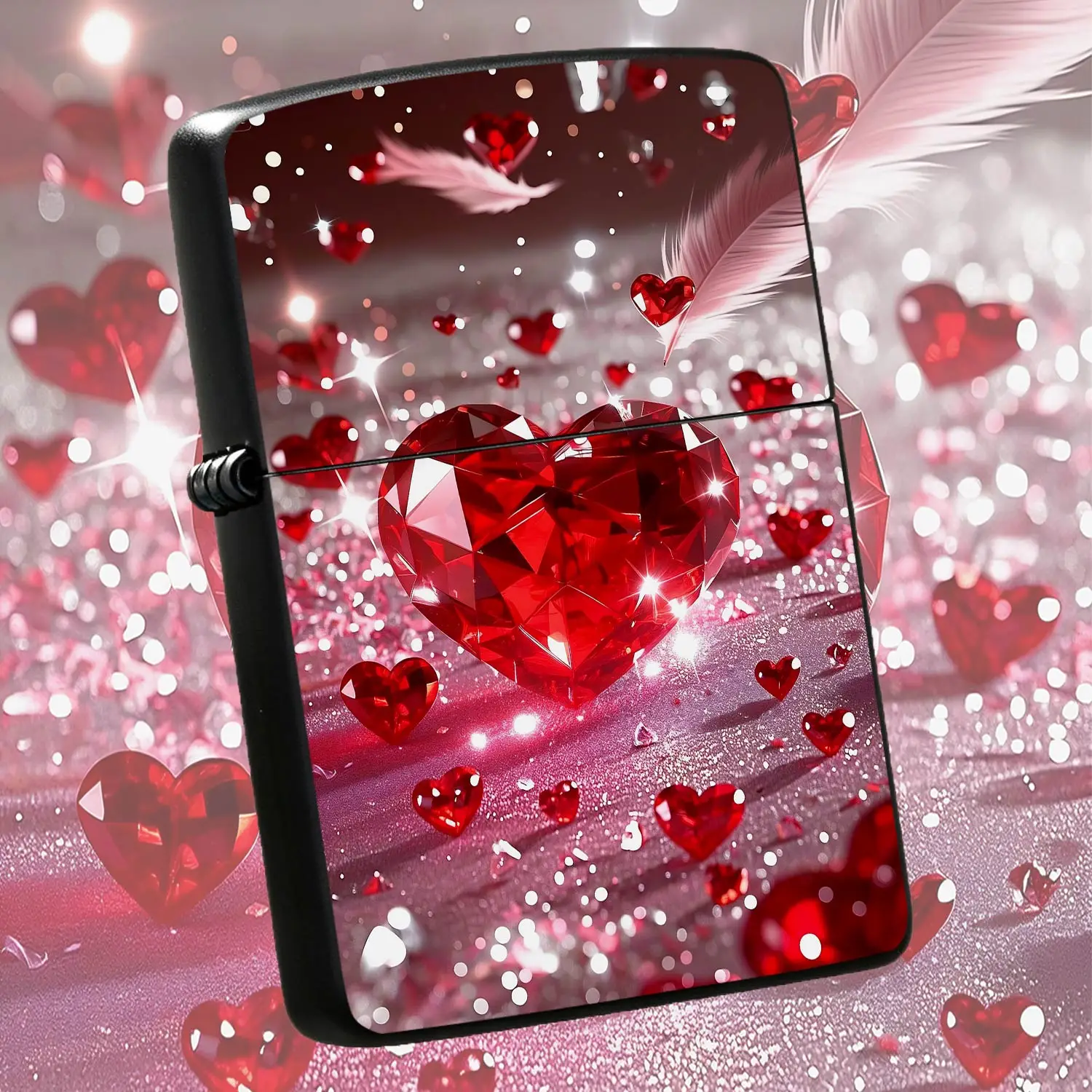 Exquisite Romantic Red Heart Rhinestone Decor Lighter, Sparkling Glitter Surface With Floating Soft Pink Feather, Portable Stylish Accessory For Daily Use, Dating, Gifting To Families And Friends, Ideal Decorative Pract A Humorous And Inter