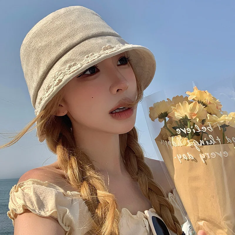 بلون ظلة قبعة بحافة المرأة زهرة القطن الكتان حافة طوي صياد قبعة سيدة فتاة في الهواء الطلق الشاطئ السفر قبعات الشمس