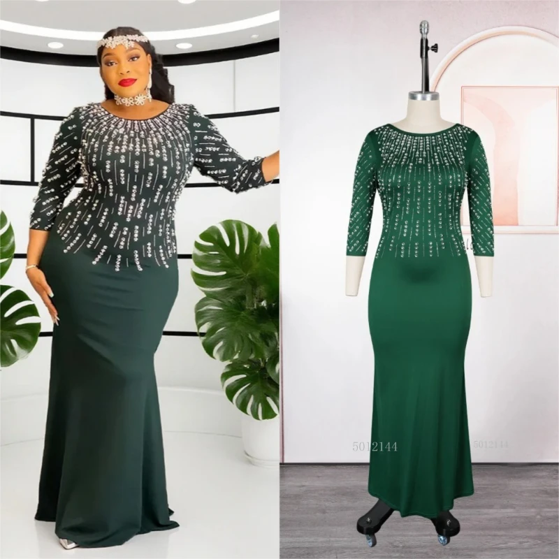 

Plus Size African Women's Gown Plus Size Green Mermaid Maxi Dress with Crystal Diamond Embellishments For Parties & Evenings