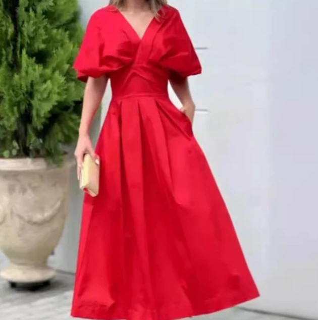 

Elegant Women Dress New 2024 Summer Sexy V Neck Puff Sleeve Casual High Waist Loose Large Swing A-Line Slim Maxi Dress Vestidos